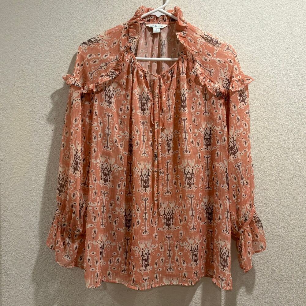 Sundance Pink Madeline Sweet Ruffle Long Sleeve Tie Neck Blouse Size S